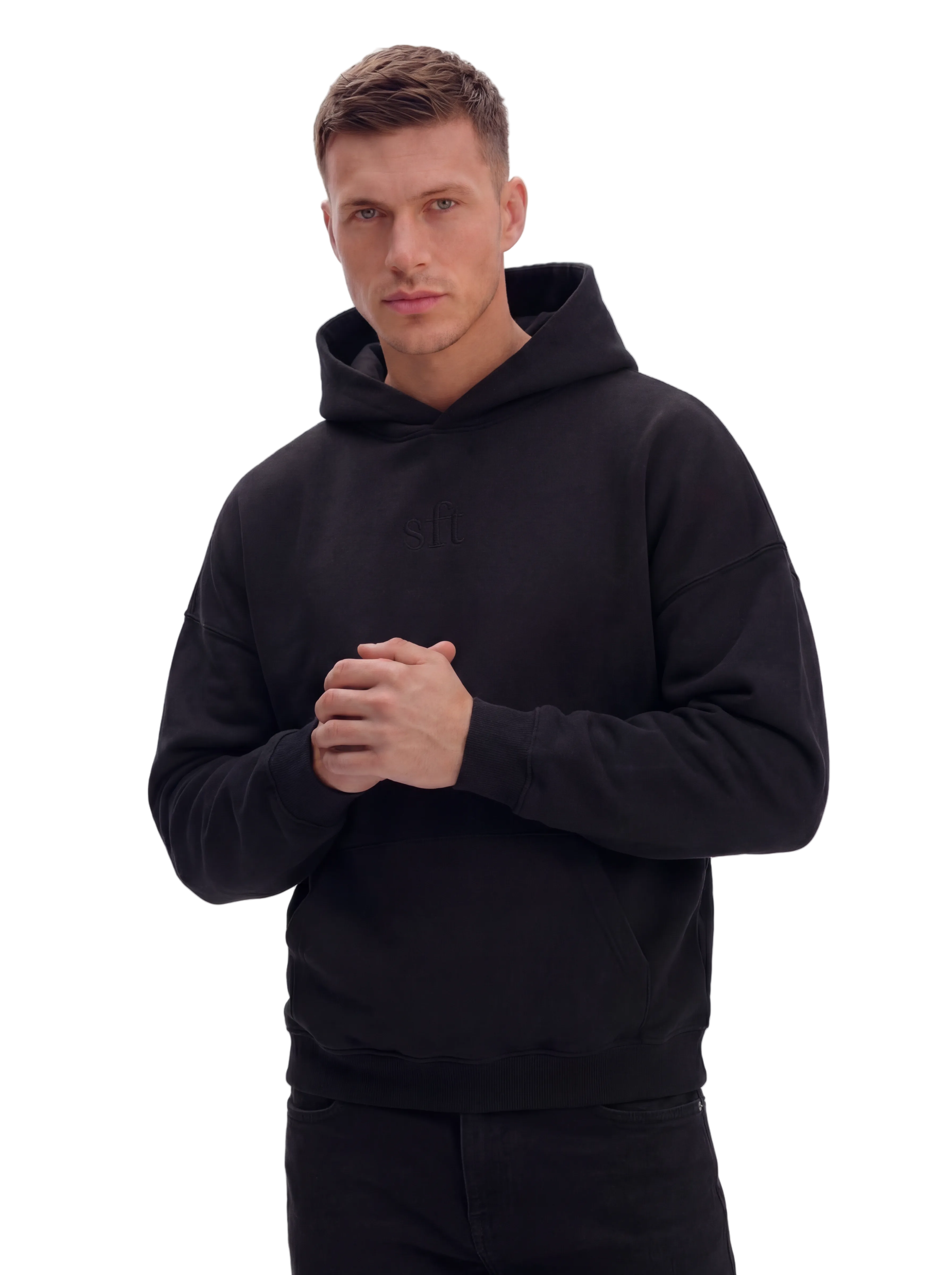 Man wearing a black hoodie on a white background