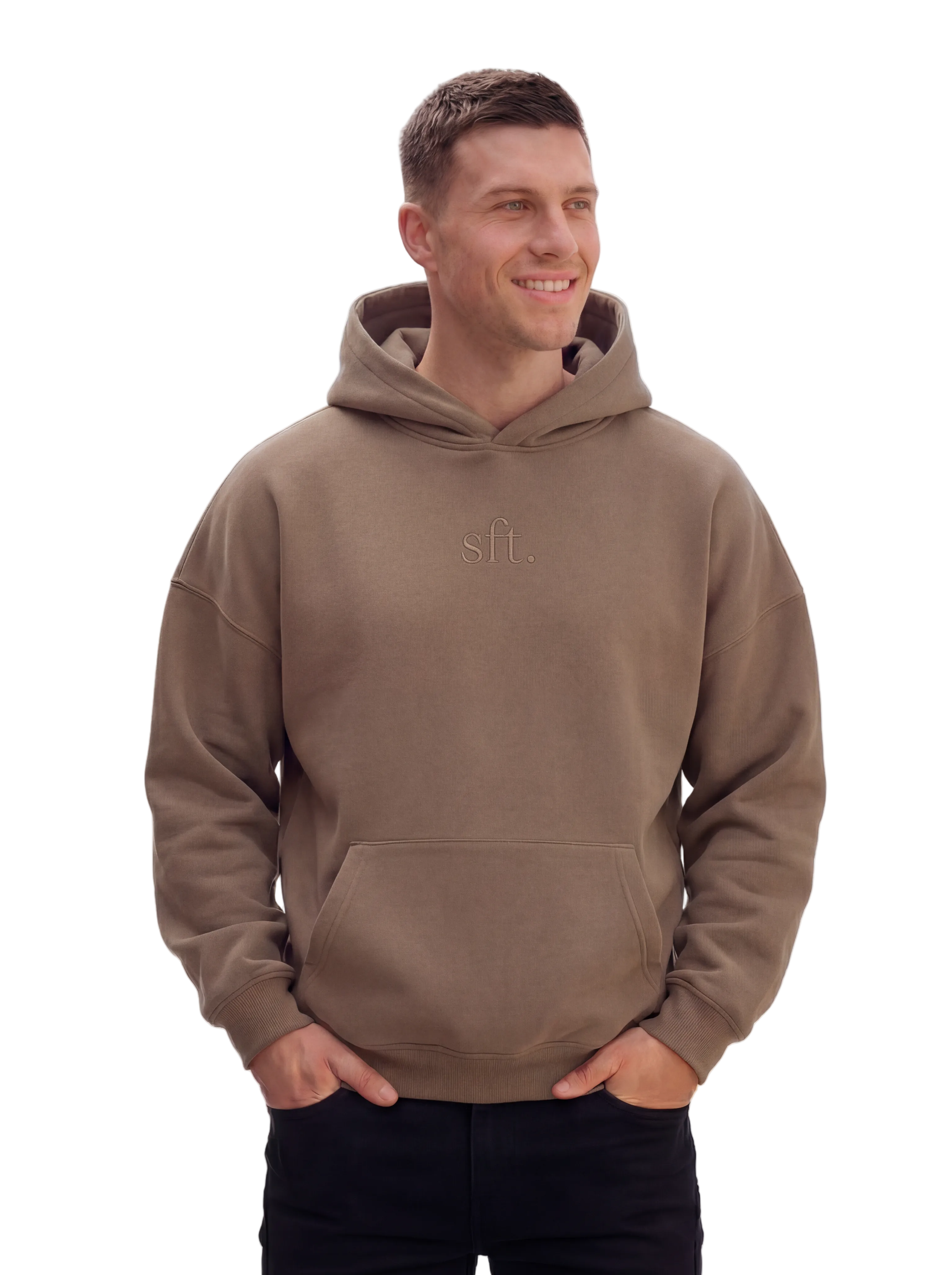 Man wearing a brown hoodie on a white background