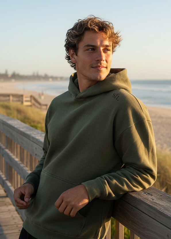 Model on boardwalk railing - no hood cords